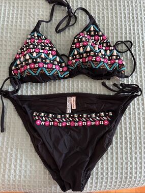 Nanette Lepore Black Bikini with Pink & Turquoise Embroidered Accents